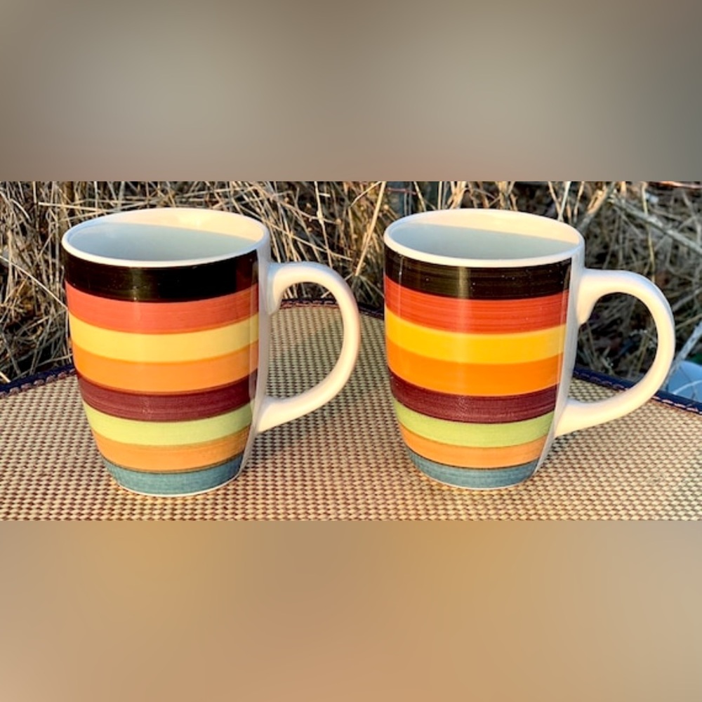 Vintage (set of 2) PHILIPPE RICHARD RONDO Rainbow Striped Stoneware Coffee Mugs